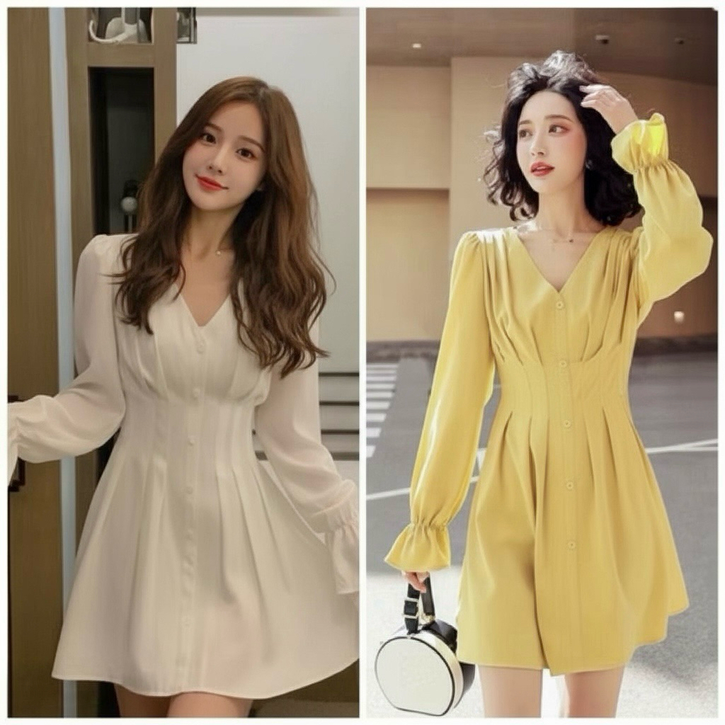 Đầm cổ tim xếp li eo tay dài 2 màu freesize dưới 50kg (kèm hình thật)