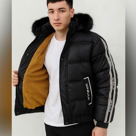 Áo Khoác Phao Nam GREDLK Chất Nhung Tăm Bóng Lót Lông Cao Cấp, Mũ Lông ấm áp Menswear Jacket