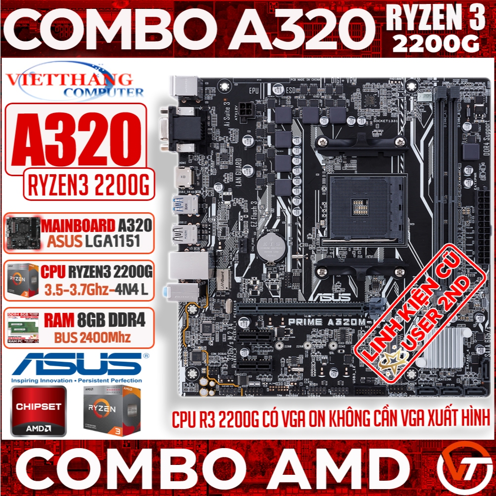 Combo AMD Asus Prime A320M-K + CPU Ryzen 3 2200G 4N 4L + Ram 8GB DDR4 nguyên bản đẹp ( Cũ - 2nd )