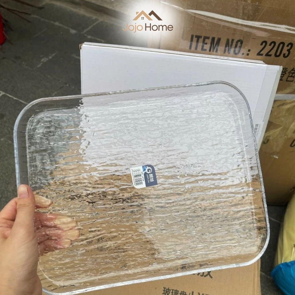 Đĩa Thủy Tinh Hình Chữ Nhật 27.5x21.5cm, Khay Thủy Tinh Đựng Thức Ăn, Đĩa Thủy Tinh Decor Bàn Ăn