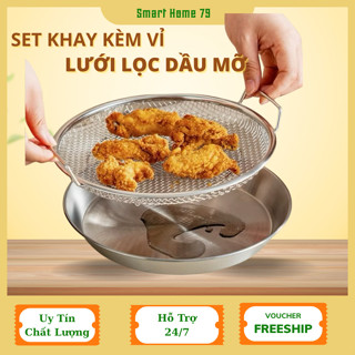  Set Khay Kèm Đĩa Vỉ Lưới Lọc Dầu Chất Liệu INOX 304 Cao Cấp Đựng Ráo Dầu Thức Ăn Chiên Rán Lọc Dầu 