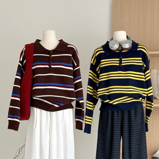 Áo polo len lông cừu dày cổ bẻ phối sọc xanh vàng form rộng, áo len dài tay thu đông cho nữ