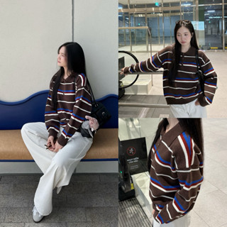 Áo polo len lông cừu dày cổ bẻ phối sọc xanh vàng form rộng, áo len dài tay thu đông cho nữ