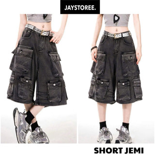  Jaystoree | Quần Shorts Jean JEMI túi hộp màu XÁM XANH form Unisex 🖤 Quần ngố bò denim cargo ống rộng 