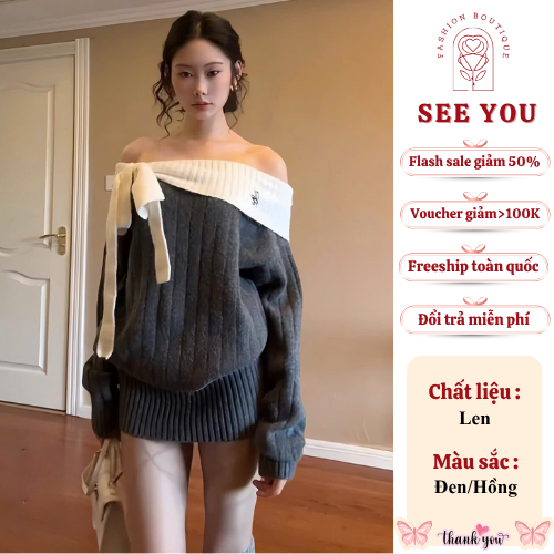 Váy liền len tiểu thư dạo phố dễ thương See You thiết kế trễ vai buộc nơ thêu chữ dài tay style hàn 