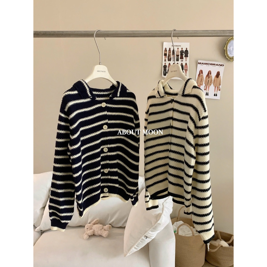 𝐀𝐁𝐎𝐔𝐓 𝐌𝐎𝐎𝐍 🧸 Áo len cadigan kẻ ngang cổ polo vintage - Freesize