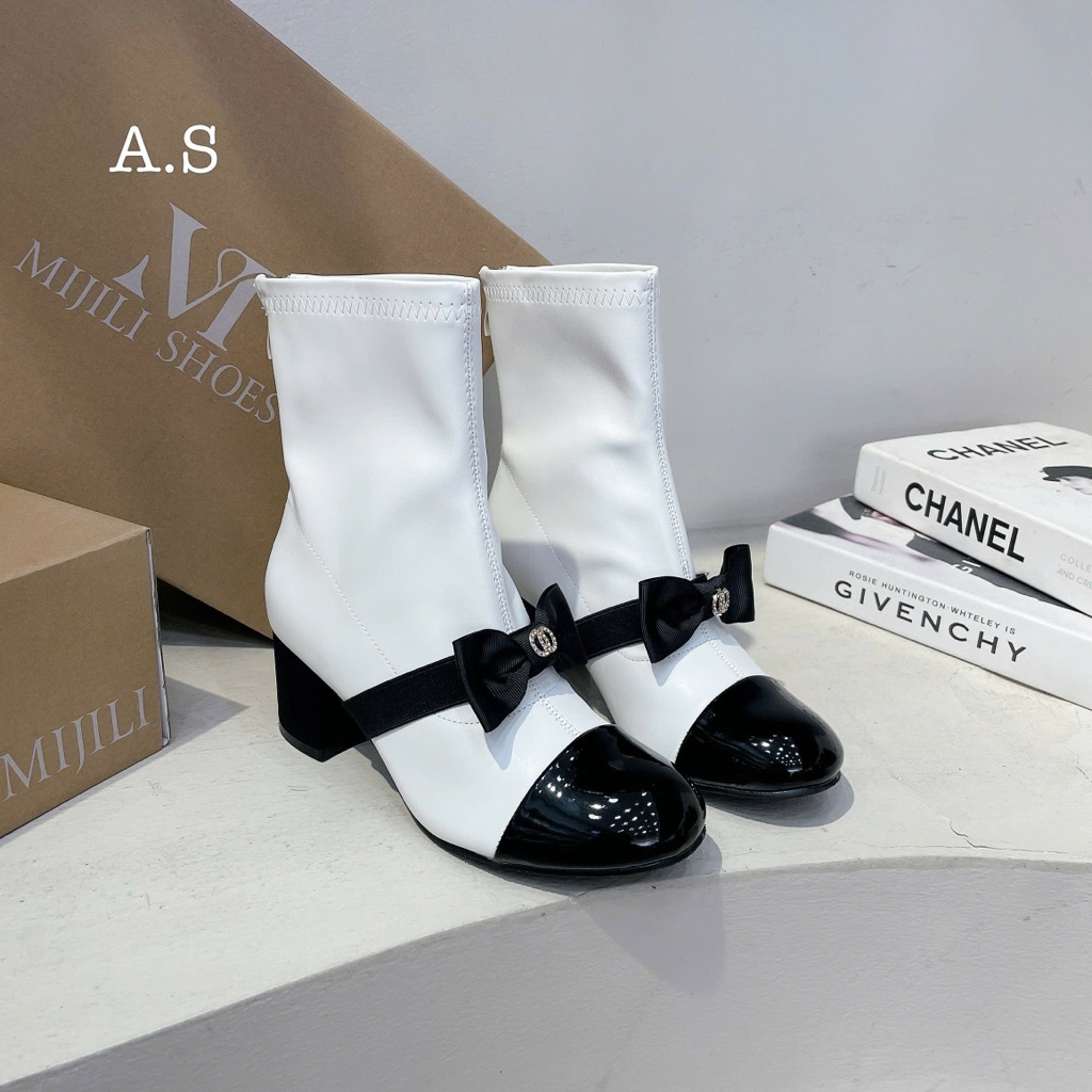 Boot Cổ Thấp MIJILI Quai Nơ Trắng Đen Full Size 35-39  -  M1125