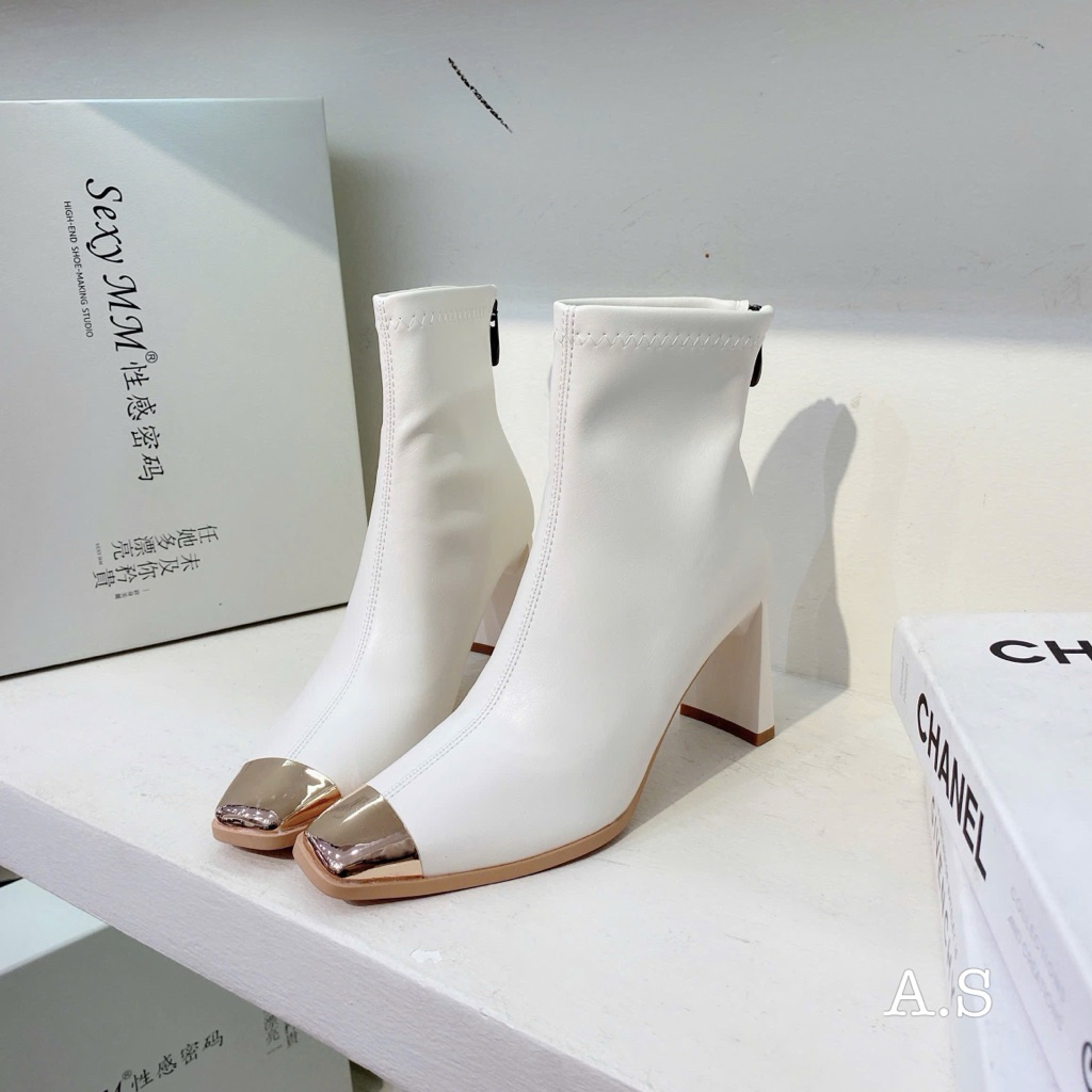 Boot Cổ Thấp Mũi Kim Loại SexyMM Trắng Đen Nâu Full Size 35-39  -  M1125