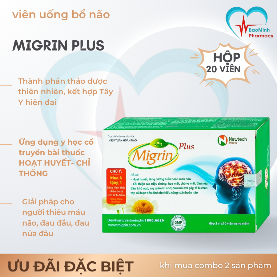 Viên Uống Bổ Não Migrin Plus Hỗ Trợ Hoạt Huyết Tăng Cường Tuần Hoàn Não Hộp 20 Viên