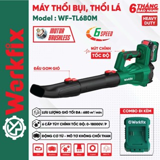   Cải Tiến  Máy thổi lá WORKFIX WF-TL680ML 6 Cấp chỉnh tốc  - Tốc độ 18.000v p - Chân pin phổ thông 