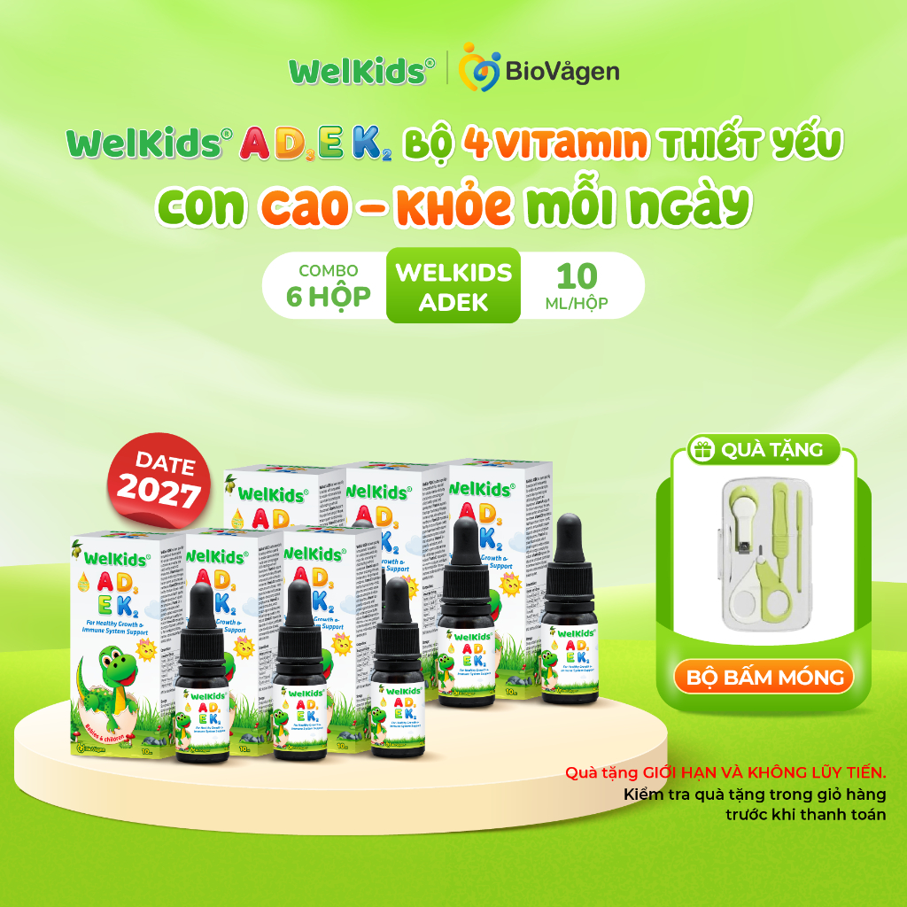 Combo 6 lọ WelKids ADEK bổ sung D3K2 kết hợp Vitamin A, E hỗ trợ nâng cao đề kháng, phát triển chiều
