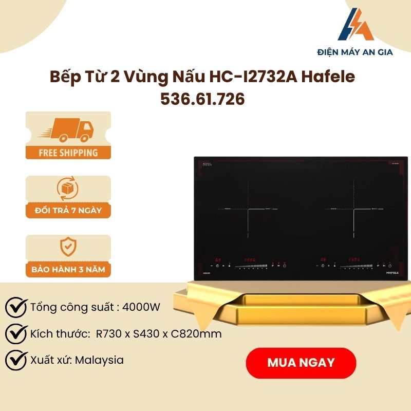 Bếp Từ 2 Vùng Nấu HC-I2732A Hafele 536.61.726 - Công suất 4000W - Sản xuất Malaysia - PEB