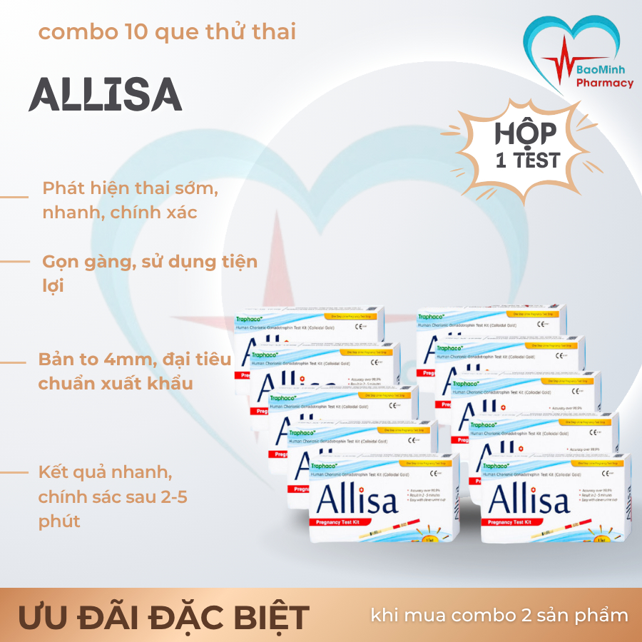 Combo 10 Que thử thai Allisa Traphaco, đạt chuẩn xuất Châu Âu, chính xác Mọi Thời Điểm Trong Ngày