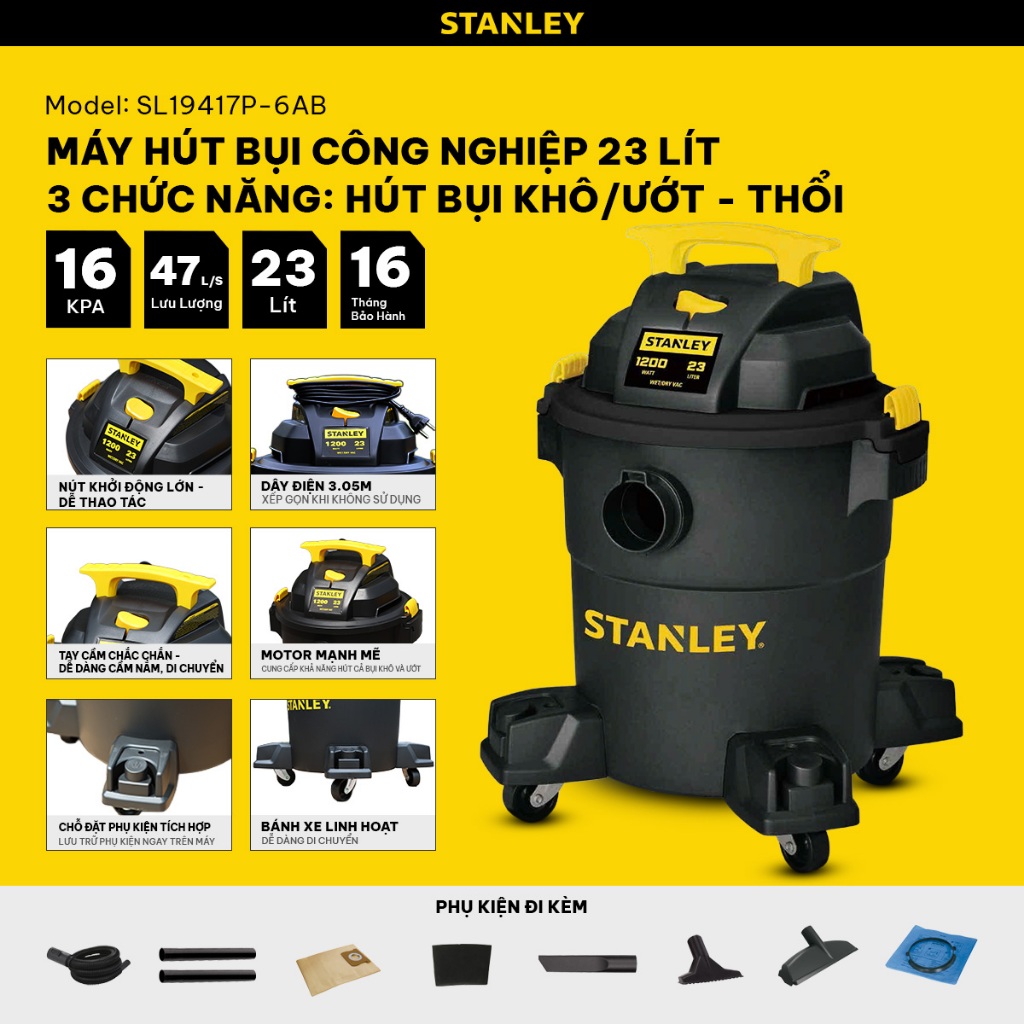[Hỏa Tốc] Máy hút bụi Stanley 3 chức năng hút khô/ướt/thổi SL19417P-6AB Bảo Hành 16 Tháng