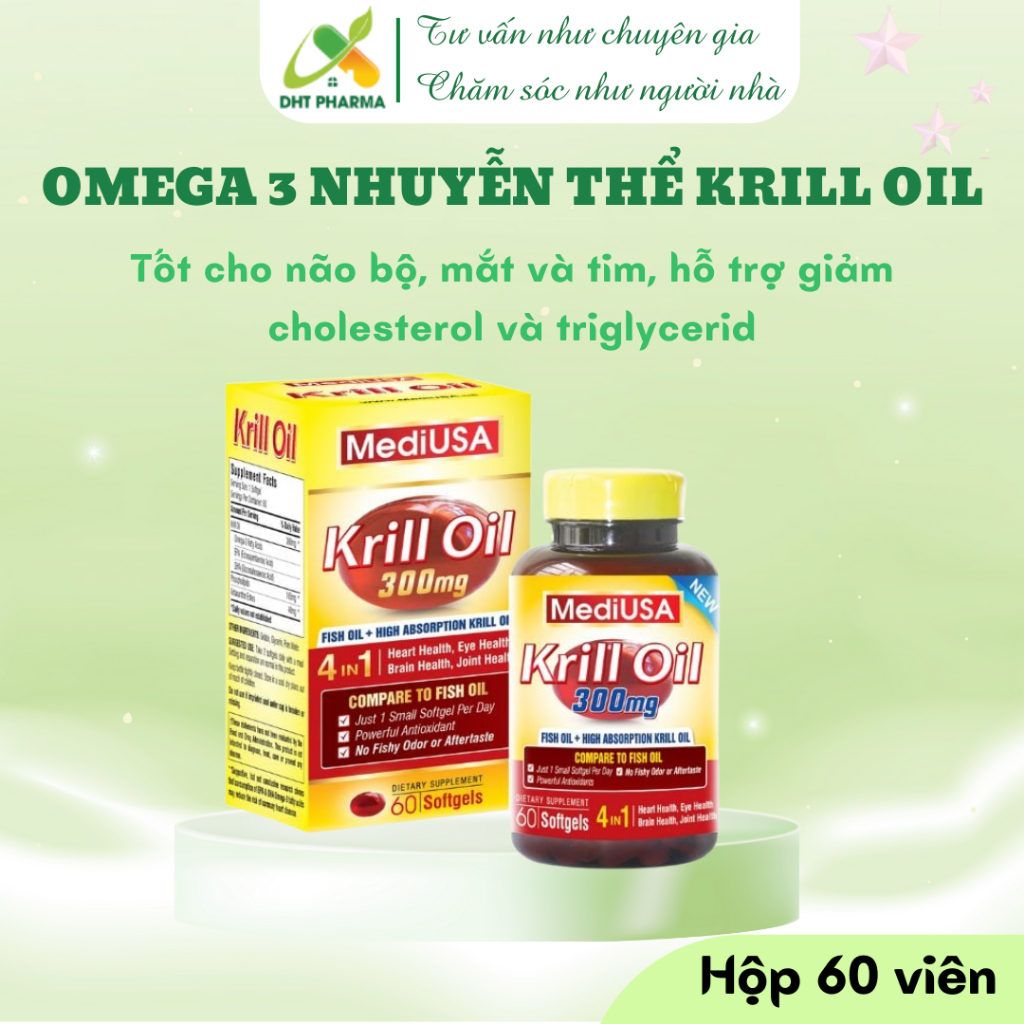 Dầu Nhuyễn Thể Krill Oil 300mg MediUSA Mỹ Bổ Sung Omega 3, Hỗ Trợ Tim Mạch, Bổ Mắt, Bổ Não