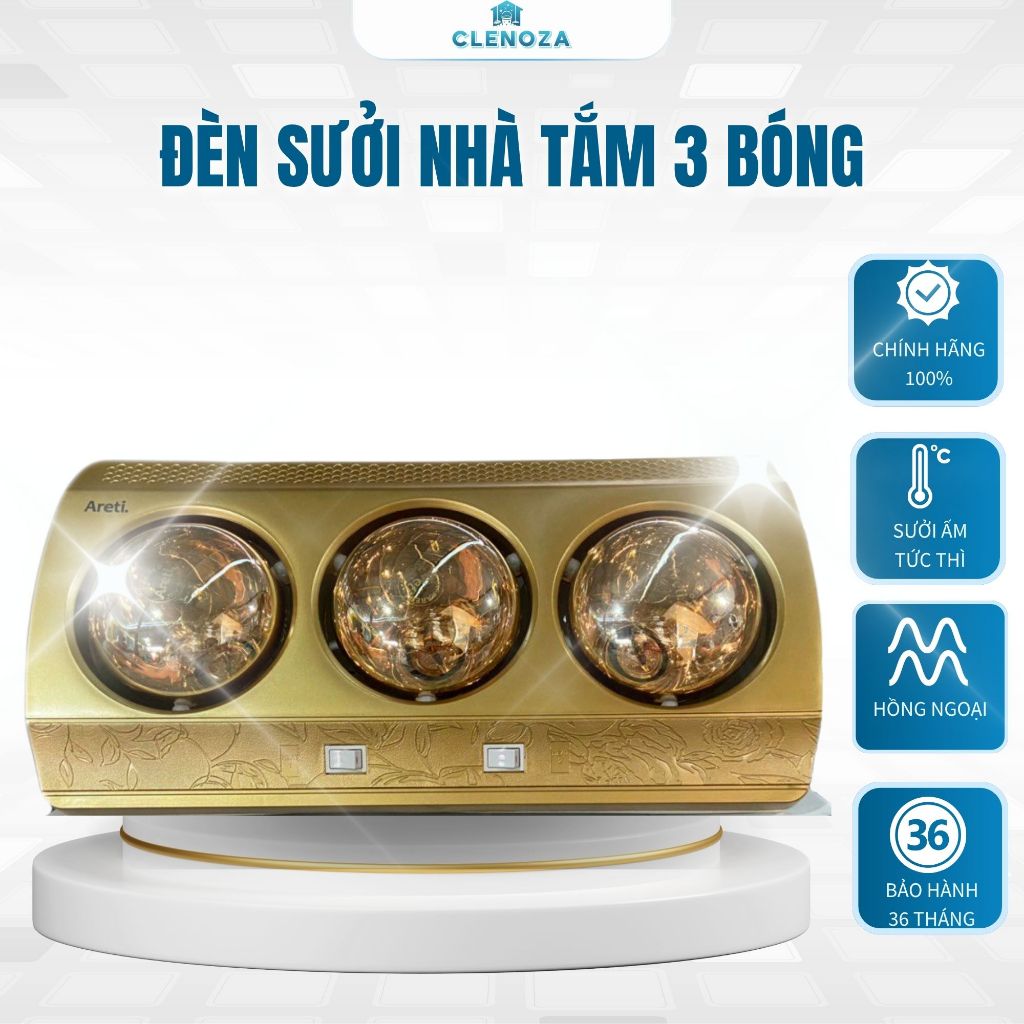 Đèn Sưởi Nhà Tắm ARETI, Đèn Sưởi Treo Tường Hồng Ngoại 3 Bóng Chống Chói Mắt Ấm Nhanh Chính Hãng