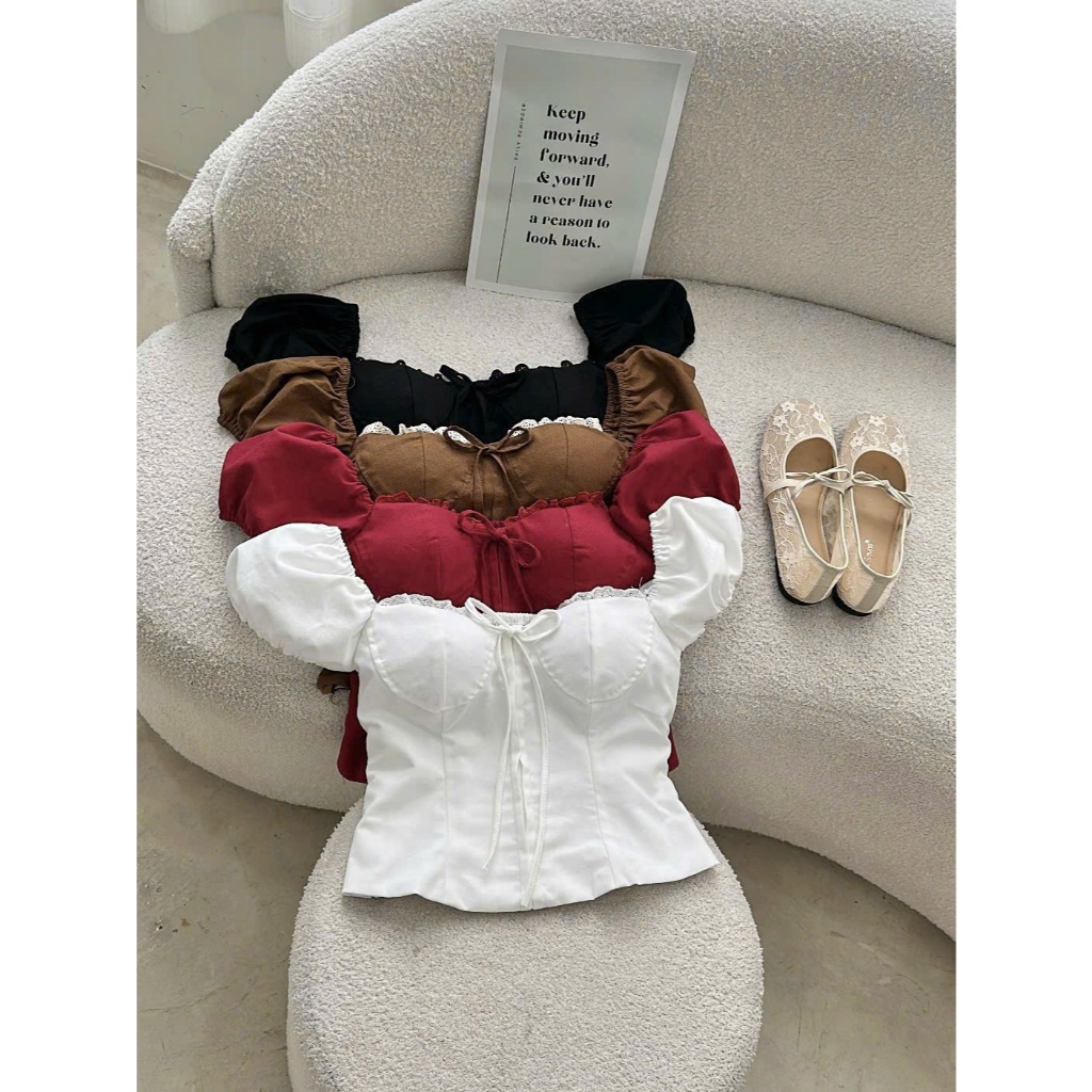 ÁO TAY BỒNG PHỐI VIỀN REN (A247) - Chất liệu linen mềm, cổ phối viền ren, có mút ngực | BigBuy360 - bigbuy360.vn