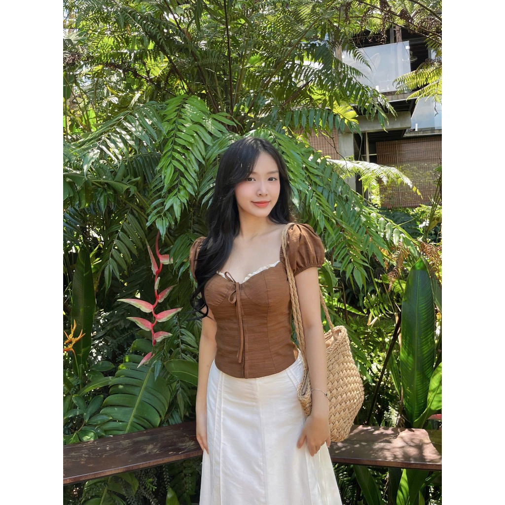 ÁO TAY BỒNG PHỐI VIỀN REN (A247) - Chất liệu linen mềm, cổ phối viền ren, có mút ngực | BigBuy360 - bigbuy360.vn