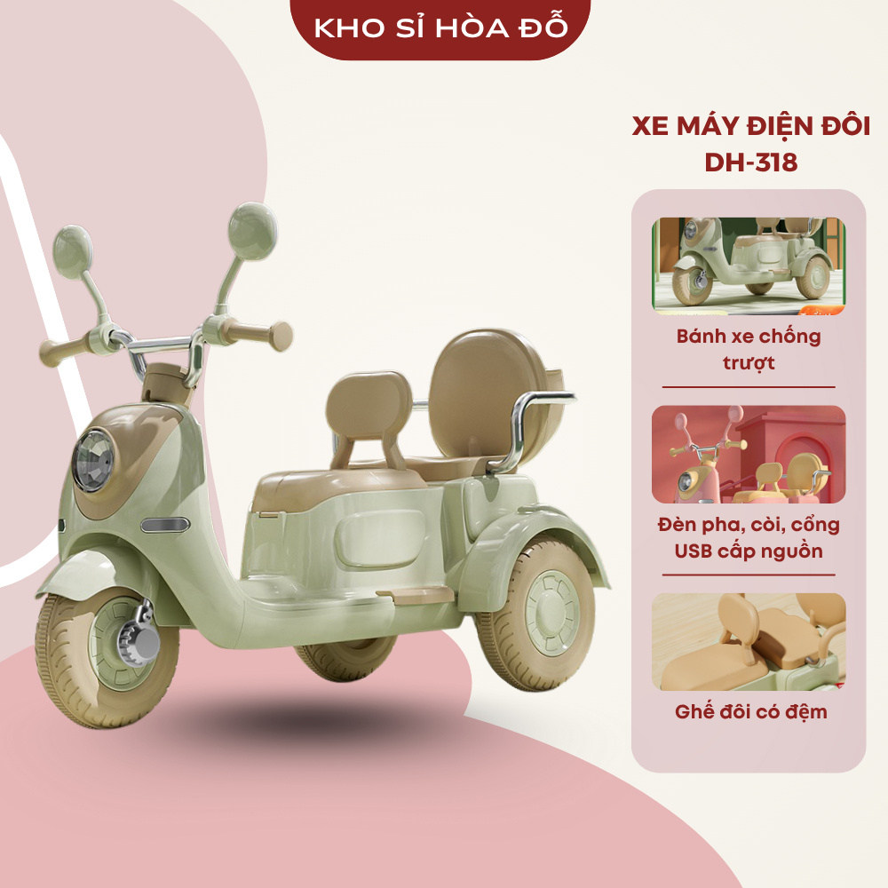  Xe máy điện đôi 2 ghế ngồi dành cho bé từ 1-5 tuổi mã Dh-318 có bình điện và sạc 