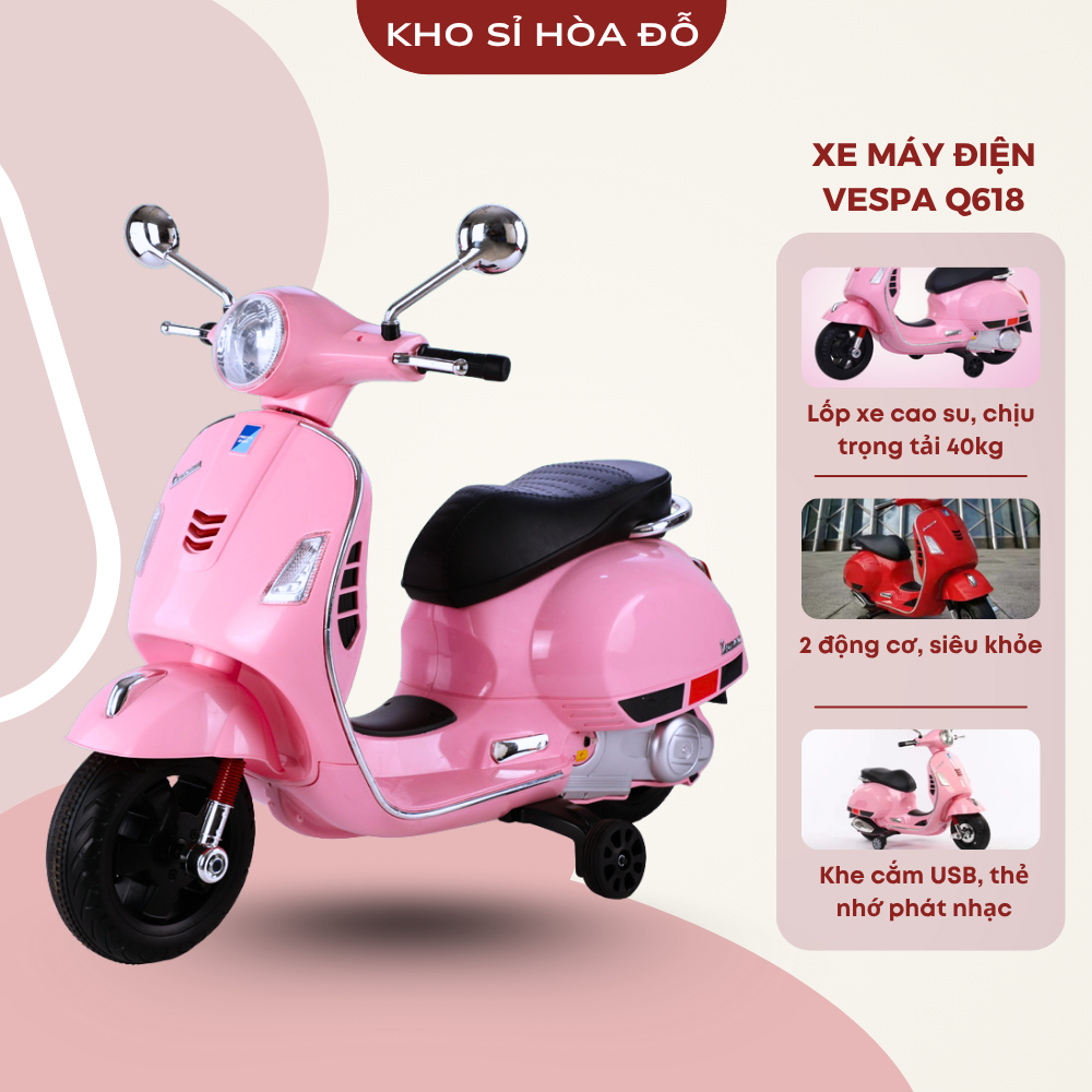 Xe máy điện trẻ em cao cấp VESPA Q618 cho bé từ 2-10 tuổi, có bình ắc quy và sạc điện, 2 động cơ siêu khỏe