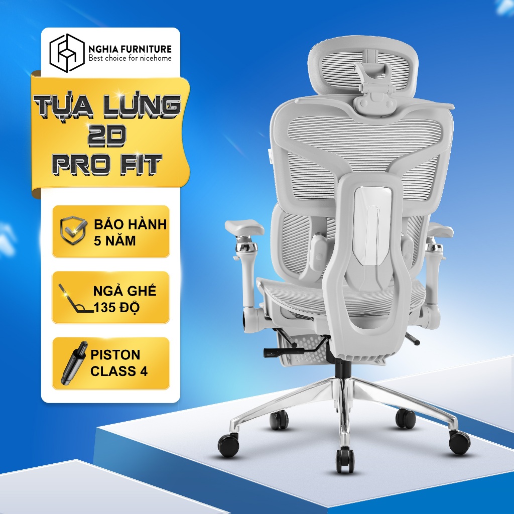 Ghế công thái học Nghia Furniture Tanji, Tựa lưng 2D cực Fit, ngả ghế 135 độ, piston class 4