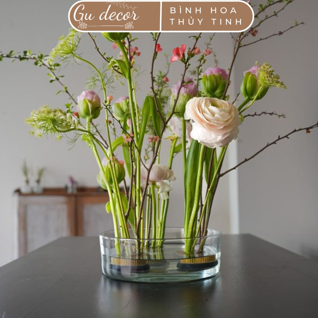 Đĩa thủy tinh cắm hoa Ikebana trang trí nhà cửa BT068 GU DECOR, đĩa trồng cây thủy sinh decor