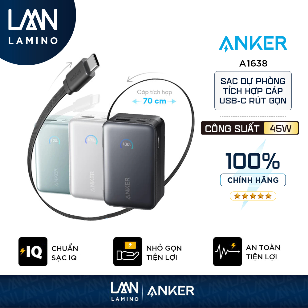 Sạc dự phòng Anker Nano 10.000mAh | Sạc nhanh 45W | 2 cổng 1C1A | Tích hợp cáp USB-C rút gọn | Sạc 3