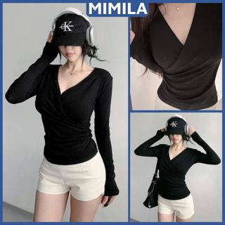   CÓ SIZE  Áo Kiểu Dài Tay Nữ Cổ Tim Vạt Chéo MIMILA Mặc Thu Đông Ôm Tôn Dáng Chất Cotton - MA347 