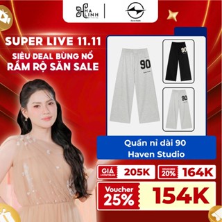   Võ Hà Linh x HavenStudio  Quần Nỉ Dài Haven Studio Nam Nữ Form Rộng Thể Thao Cạp Thấp Hack Eo Thêu Số 90 