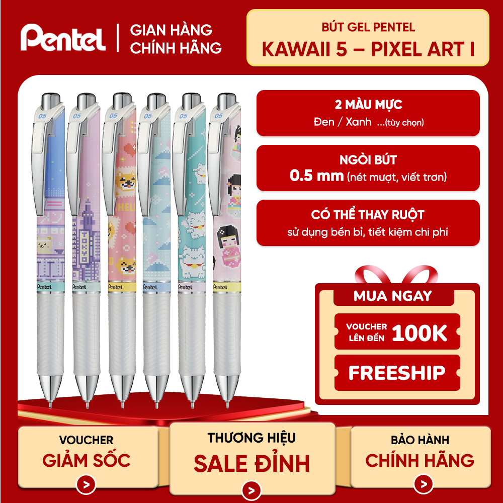 Bút Gel Bấm Pentel Energel Kawaii+ 5: Pixel Art Ngòi 0.5mm - BLN75KW