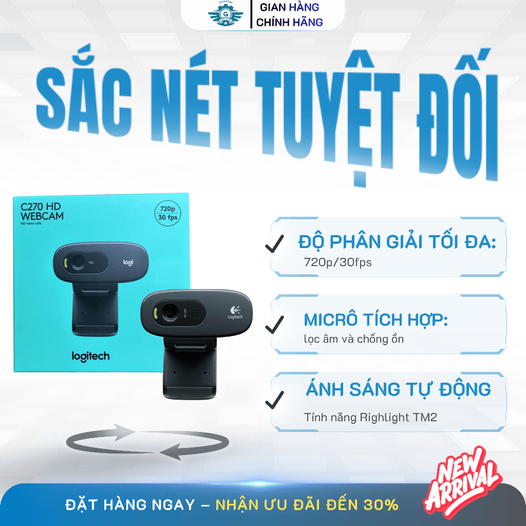[🔰Chính Hãng] Webcam Logitech C270 HD – 720p/30fps, RightLight™2, Mic Giảm Ồn, USB Plug-and-Play