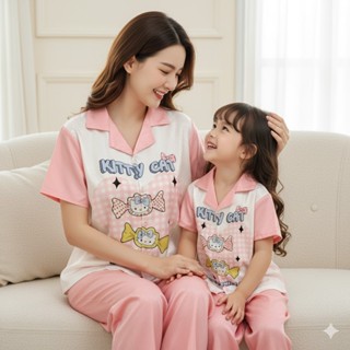  Set bộ bé trai bé gái pijama mẹ và bé  áo cộc quần dài  10 - 65kg  chất lụa xước 