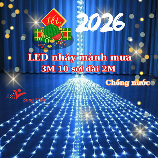  Đèn LED Trang Trí Rèm Mành Mưa 3x2m Hiệu Ứng Thác Nước Mưa Rơi 10 Sợi Nháy 8 Chế Độ Chống Nước 
