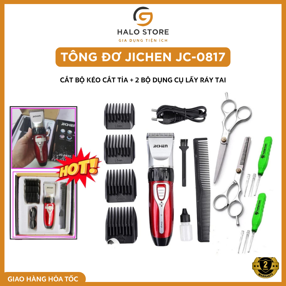Tông Đơ Cắt Tóc Gia Đình Jichen JC-0817 Tặng Kèm 2 Kéo Cắt Tỉa và 1 Dụng Cụ Lấy Ráy Tai