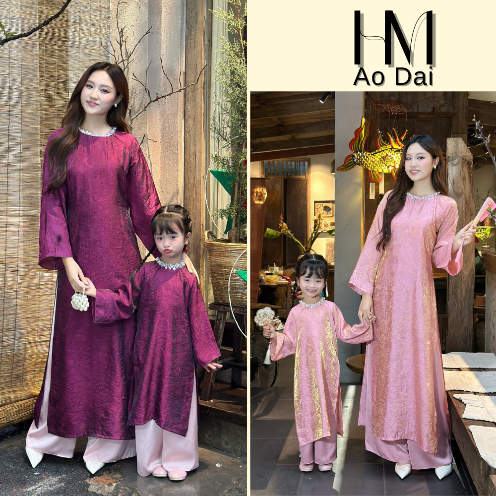 Áo dài Tết Tường Xuân cho mẹ và bé gái dáng suông cổ đính ngọc cao cấp mặc dịp lễ tết - Áo dài Hà Minh