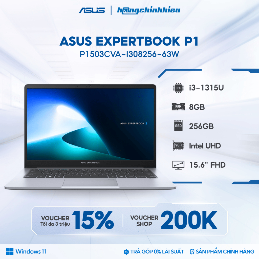 Laptop ASUS văn phòng ExpertBook P1 P1503CVA-i308256-63W i3-1315U / 8GB / 256GB / 15.6' FHD / Win 11