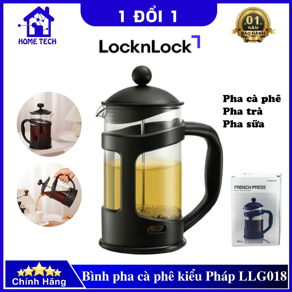 Bình Pha Cà Phê Kiểu Pháp Lock&Lock LLG018 French Press Bằng Thủy Tinh Có Lưới Lọc 800ml Chính Hãng