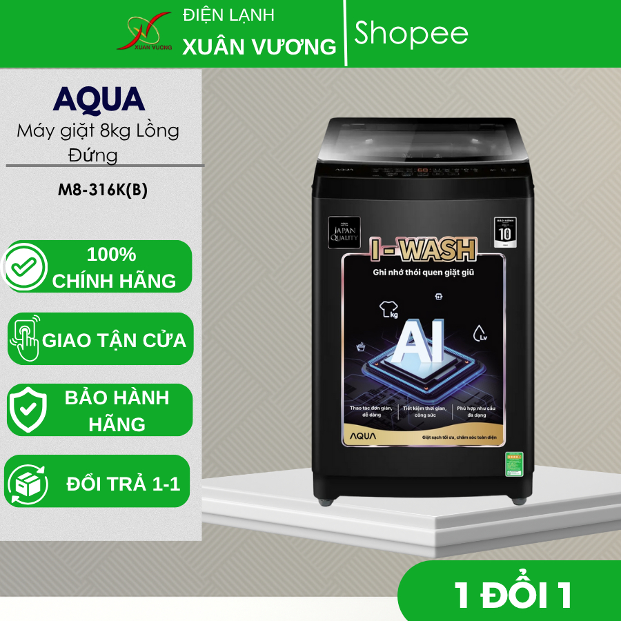 Máy Giặt Aqua M8-316K(B) 8kg Lồng Đứng – Giặt Sạch, Tiết Kiệm Điện