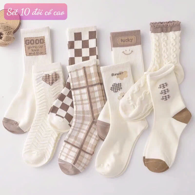 Set 10 đôi tất nữ Tất cổ cao Thời trang tất nữ