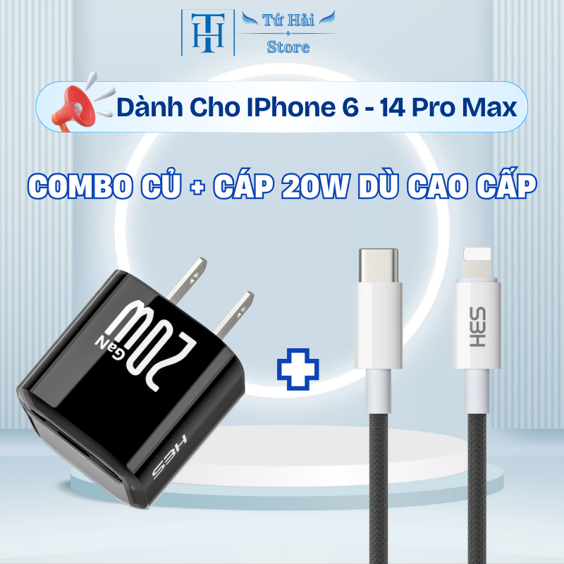 Bộ Sạc Nhanh GaN PD 20W Màu Đen Cao Cấp – Củ Sạc 20W + Cáp Type-C to Lighting Bọc Dù Dài 1m 2m 3m.