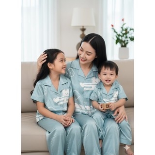 Set bộ pijama bé trai, bé gái áo cộc quần dài chất lụa xước, có size cho mẹ và bé - Myna Pyjamas