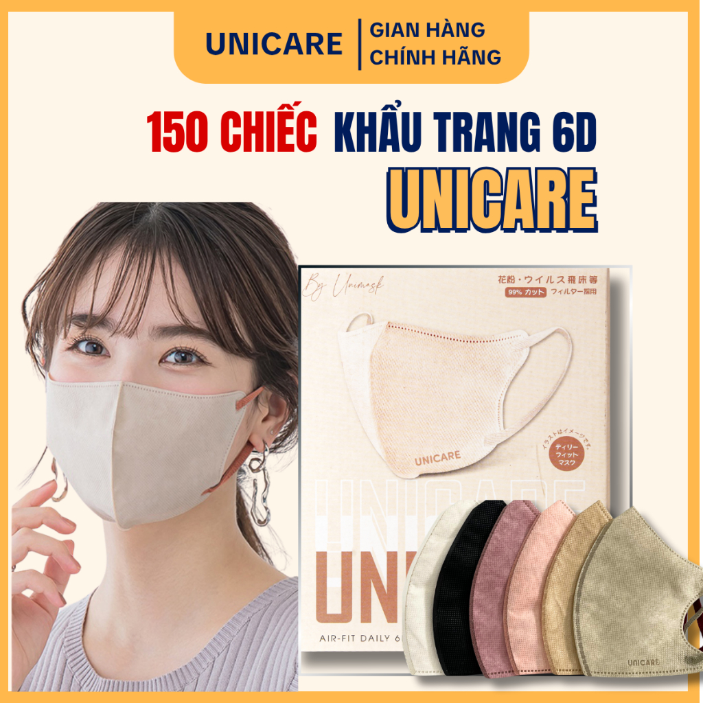 [Thùng 150 Chiếc] Khẩu Trang 6D Unicare, Khẩu Trang Chống Bụi Kháng Khuẩn Dây To Không Làm Đau Tai