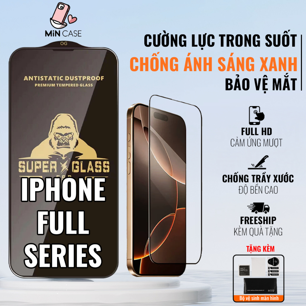 Kính cường lực iPhone 17 pro max 17 air,16 pro /6/6s/7/8/SE/X/XS/XR/11/12/13/14/15/Pro/Plus/Max/Mini