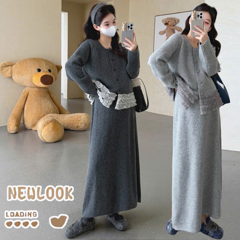 Sét váy bầu mùa đông chất liệu len lông cừu cao cấp váy len bầu kèm áo khoác ngoài L2220
