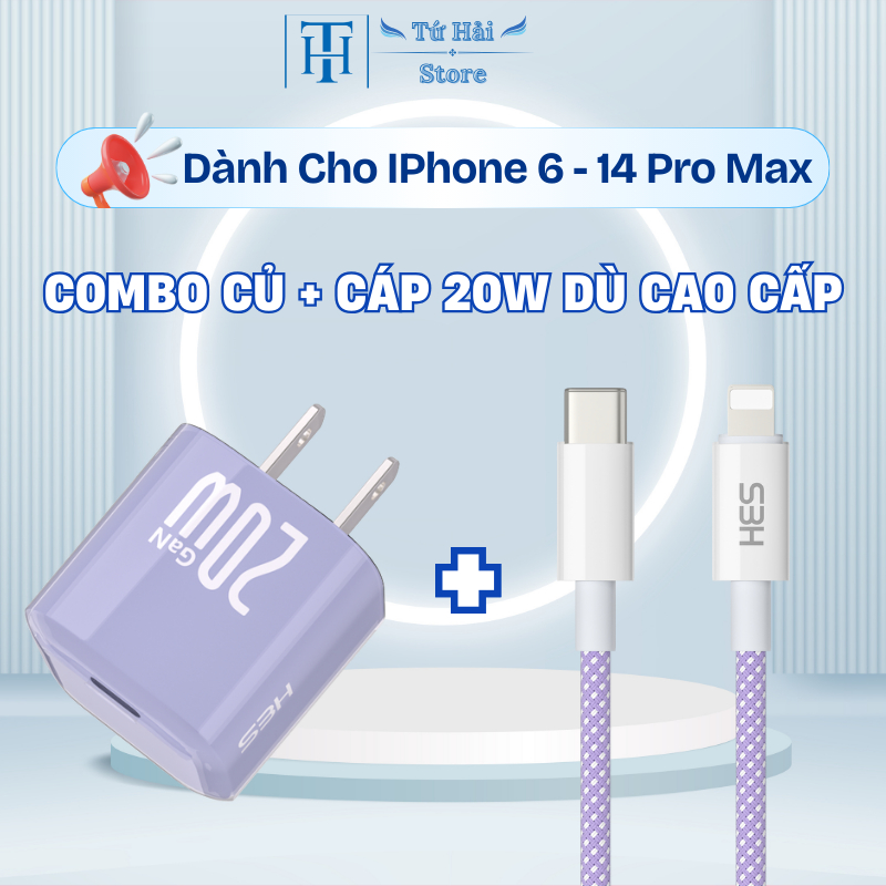 Bộ Sạc PD 20W Màu Tím Cao Cấp – Củ Sạc GaN 20W + Cáp Type-C to Lighting Bọc Dù – Dài 1m 2m 3m