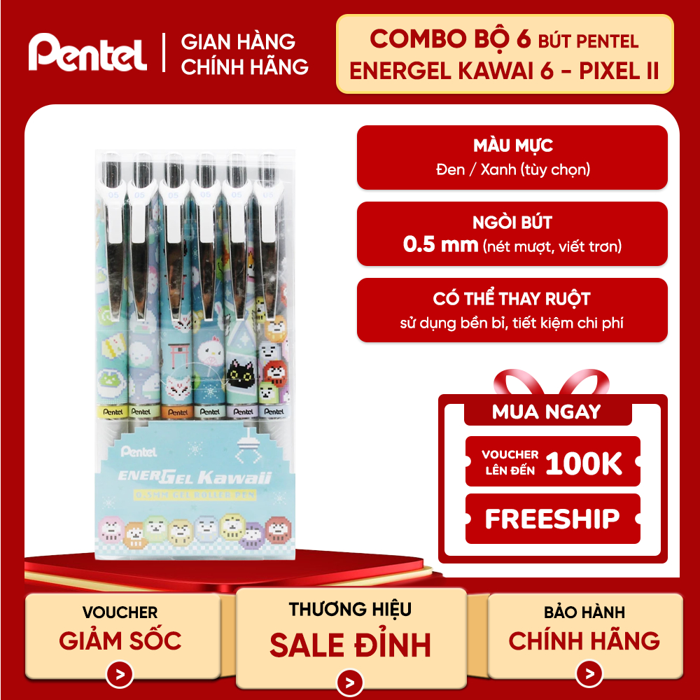 Bộ 6 Bút Gel Pentel Kawaii+ Pixel Art BLN75KW 0.5mm Nhanh Khô