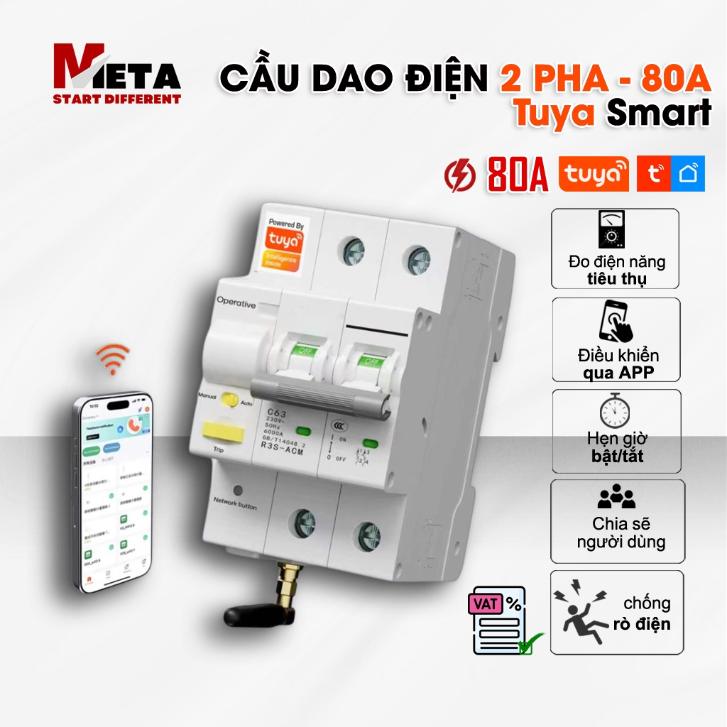 Aptomat Wifi, Cầu Dao Tổng Điều Khiển Qua Wifi, RS485 Tuya 80A, đo điện năng, BH 12 tháng