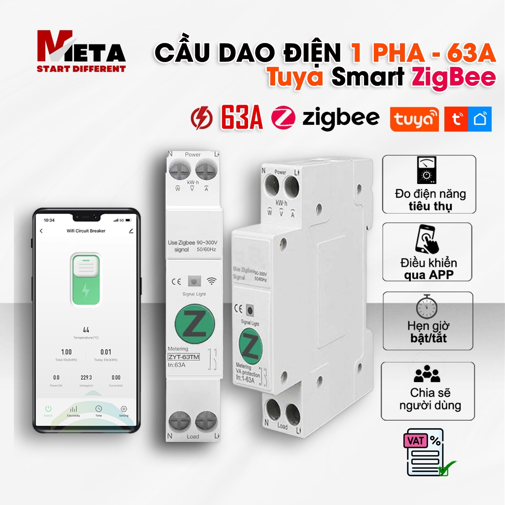 Aptomat thông minh Tuya Zigbee, CB Tuya 63A có đo điện