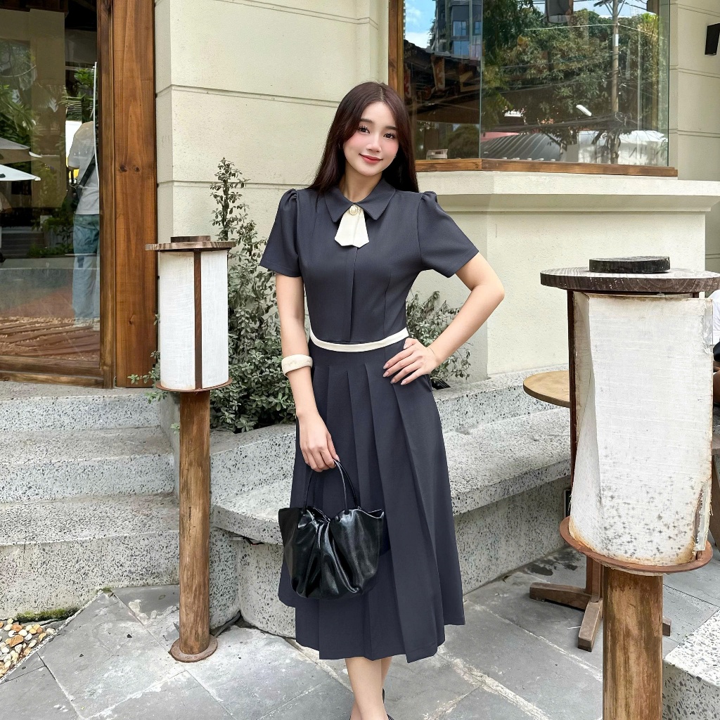 Đầm thiết kế BEMINE cổ đức kèm nơ tùng váy xếp ly phù hợp đi làm-B148