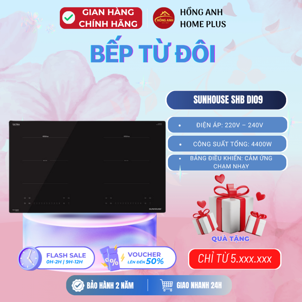 Bếp điện từ đôi Sunhouse SHB DI09 mặt kính cường lực cảm ứng nhạy nấu nhanh tiết kiệm điện